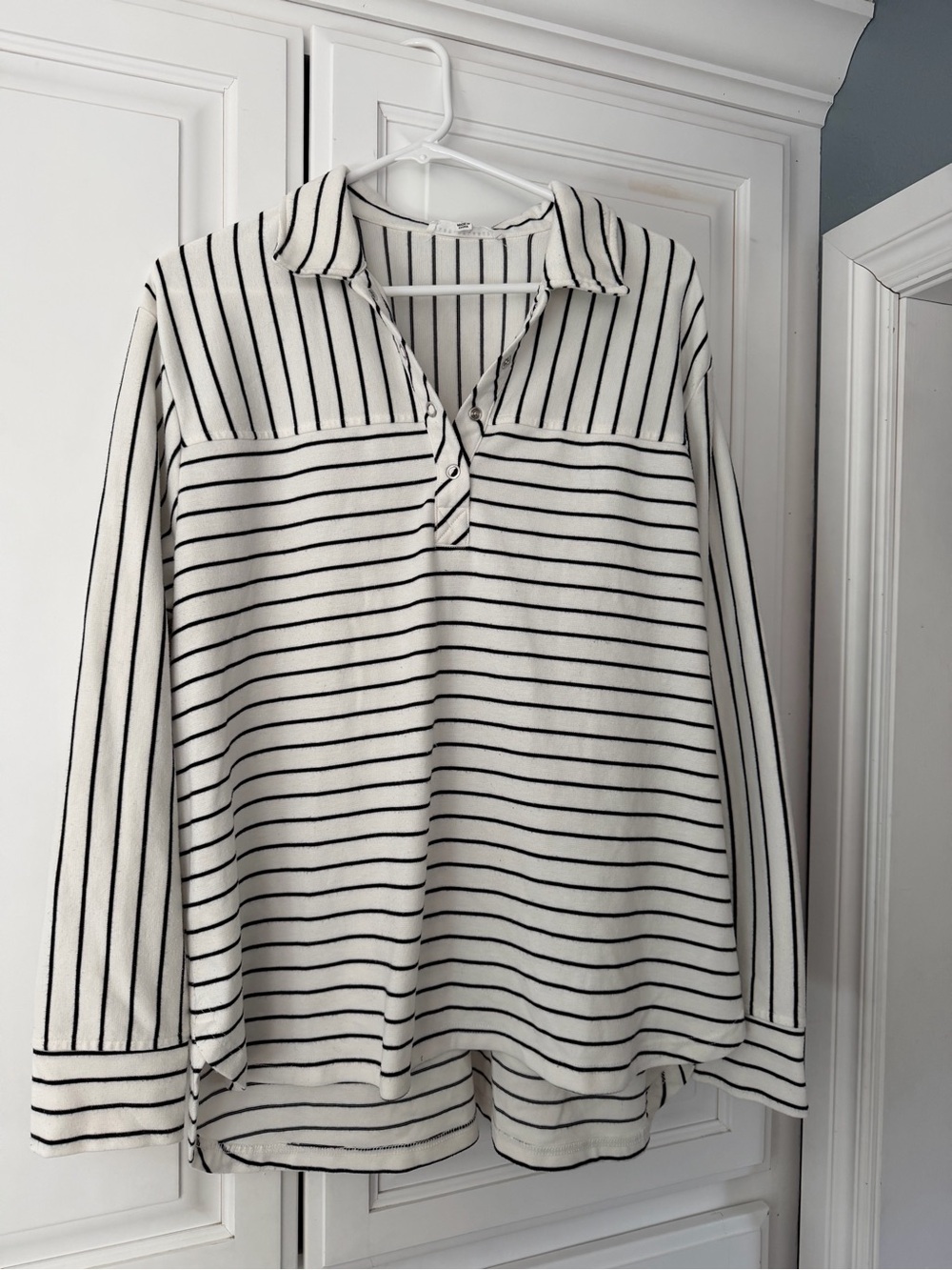 Jane and Delancey Cream and Black Striped Collared Long Sleeve Top